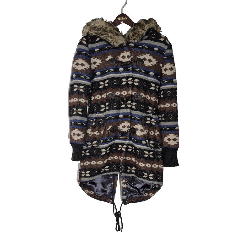 Buffalo Outerwear Coat Womens S Brown Southwestern Tribal Faux Fur Hood Toggle